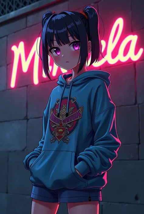 Let it be an anime character in a cool sweatshirt, let the background be a little dark and write mikaela on the wall in a colorful way