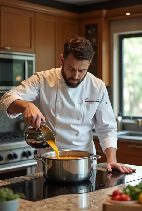 4k high definition image of a cooker pouring liquid into her pot in a luxury kitchen.