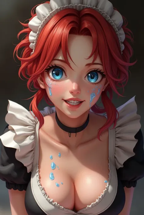 Translucent sticky  on the face of Beautiful red-haired maid fittnes thin tall big breasts blue eyes kneeling submissive cheerful shy humiliated cheerful looking up obedient with lots of milk on her face under her left eye and covered with white sticky liq...