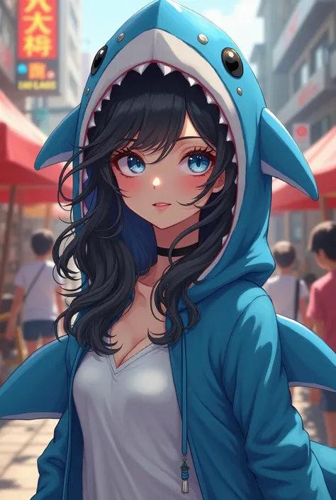  Beautiful girl with long wavy hair, Dressed as an anime-type shark 