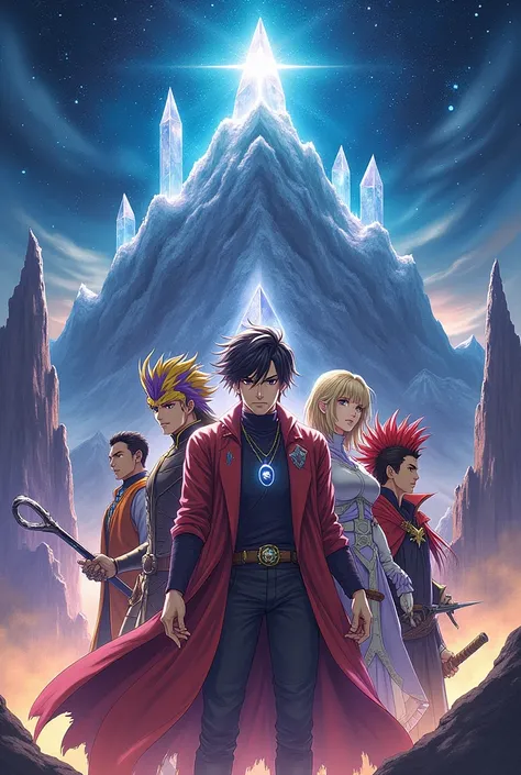  Create a cover for my manga called  " The Legend of the Star Crystal "  with the characters in the middle and a background with stars and a mountain with star crystal, The characters are, one man with black hair ,  wizard costume and with a rod ,  one wom...