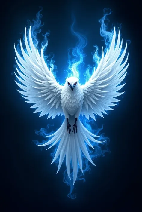 Create a logo of a white raven with wings set in blue fire
