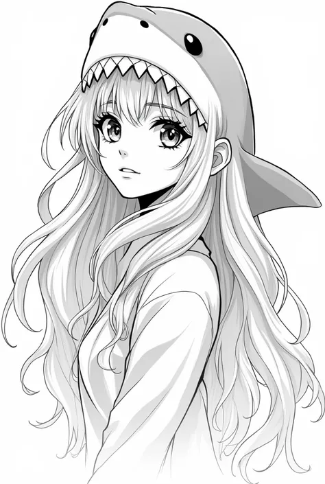  Beautiful girl with long wavy hair, Dressed as an anime-like shark as a black and white drawing 