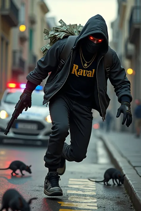 Homee running with balaclavas red eyes black and gray bomber jacket t-shirt with the word written Raval in gold,  black pants sneakers Black and gray Nike Air Jordan black and gray backpack full of bills coming out and falling and in his right hand a gun a...