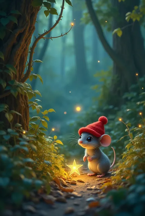 A little mouse in a red hat walking through the woods and encounters fireflies dancing and in hiding he saw his lost star