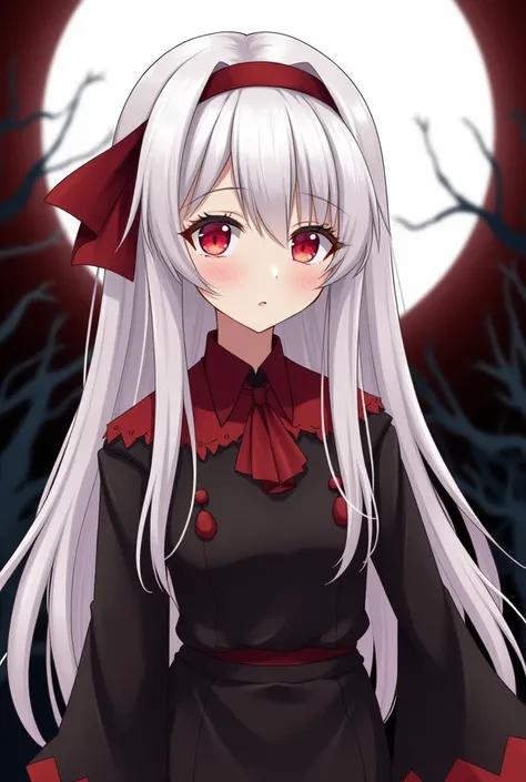  long hair,  looks at the viewer , 1 girl,  blond hair,  Red eyes,  Very long hair ,  white hair , anime, bright character , Vampire, black and red clothes , good, white moon,  white hair , anime,  remote camera , against the backdrop of the village