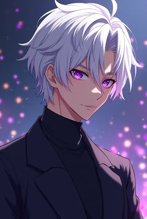 Male character has violet eyes, and a tanned complexion  ( probably because he was half Filipino ).  She has white hair split in half ,version anime , 