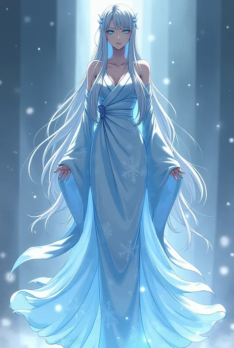 Create a big breasted female zanpakuto spirit with this description in the Bleach anime artstyle

Fuyuko is a tall, slender woman draped in an elegant, flowing kimono made of snowflakes and frost. Her long, silver hair cascades like a waterfall of ice, and...