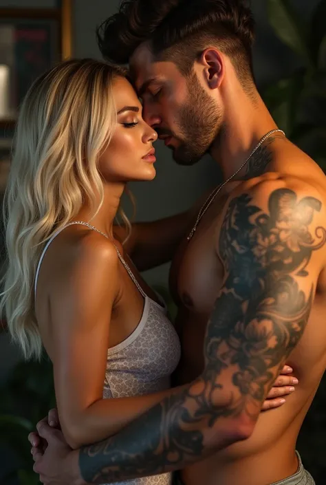 Tan caucasian female with long blonde hair and blue eyes in the arms of a tan caucasian male with very short brown hair and brown eyes with big muscles and tattoos