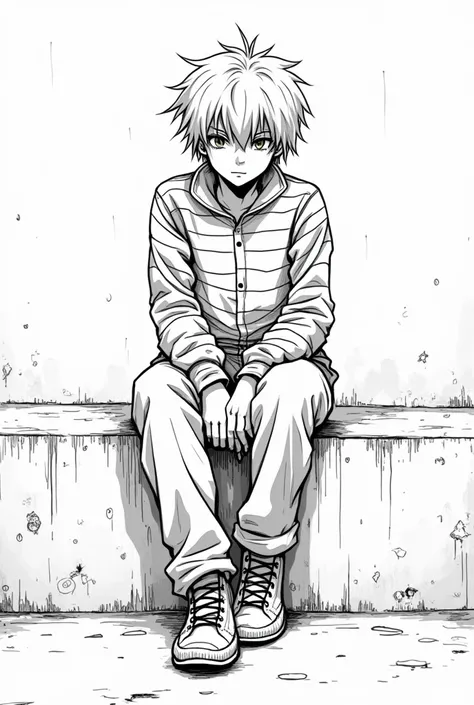 Black and white Manga style lineart of an androgynous teenage boy wearing prison clothes Asian 