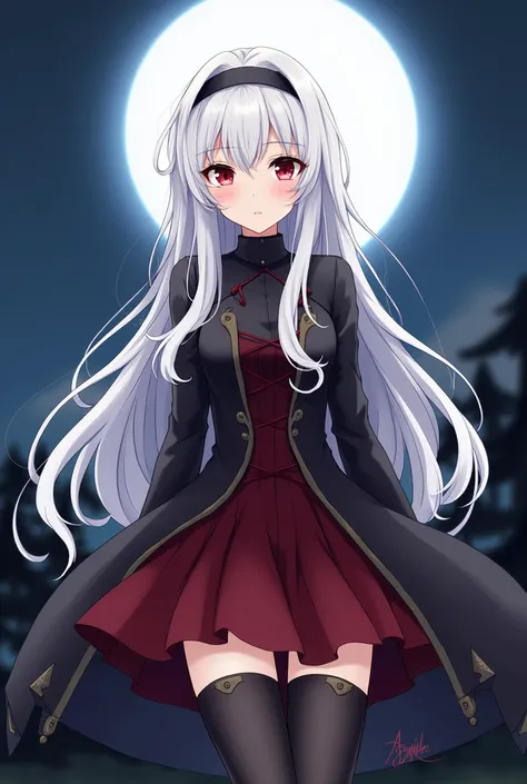  long hair,  looks at the viewer , 1 girl,  blond hair,  Red eyes,  Very long hair ,  white hair , anime, bright character , Vampire, black and red clothes , good, white moon,  white hair , anime,  remote camera , against the backdrop of the village