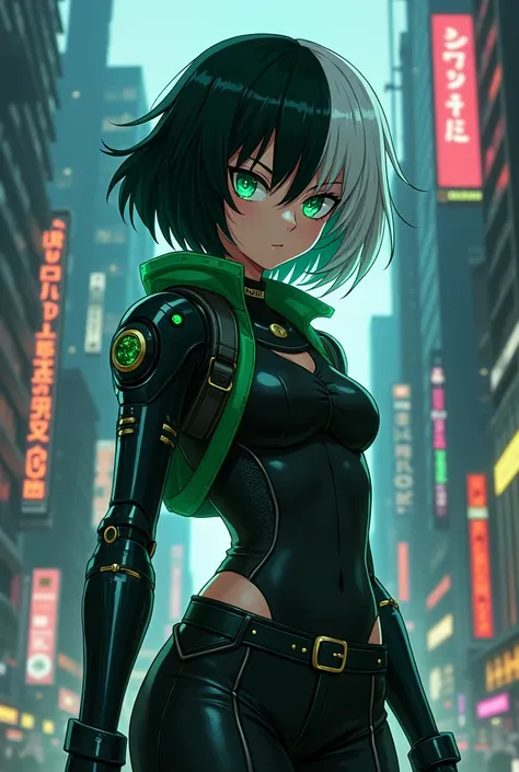 My hero academia anime art style, girl, long half black and half white hair, emerald green eyes, cyberpunk, black and green outfit, hacker, prosthetic left arm