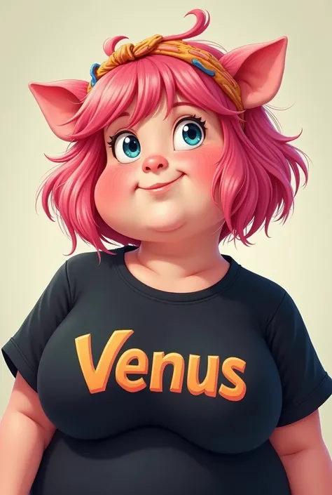 
A chubby woman with pink hair wearing a wide fabric headband, light skin, blue eyes, wearing a black t-shirt with the name Venus on top.
