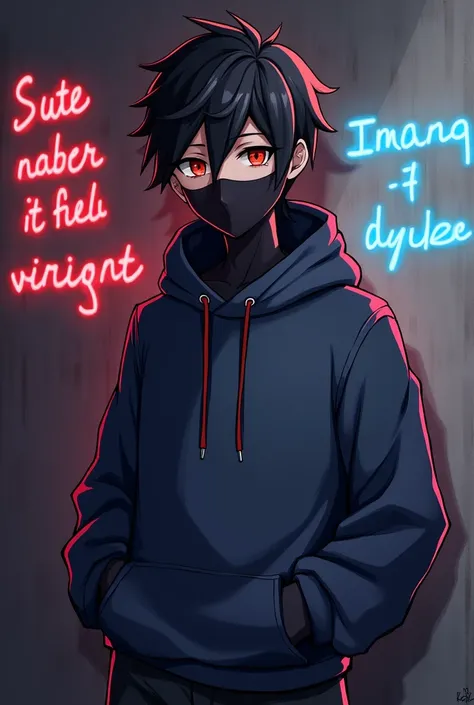 Let it be a male anime character in a cool sweatshirt, let the background be a little dark, write mikaela and ryuko666 on the wall in a colorful way, let the texts be read in full and the characters face is masked, let both of the posts