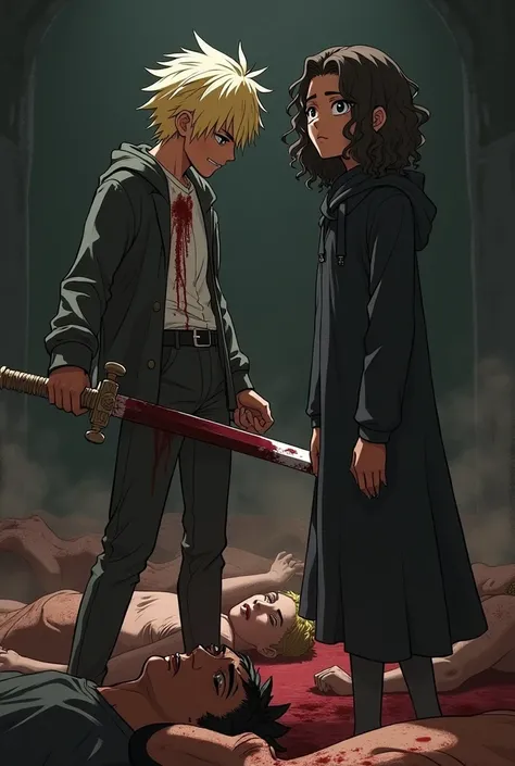 Blonde teenage boy holding a blood-stained sword looking at a teenage girl with black clothes and curly hair and brown skin wrapped in several bodies of dead black-haired brown boys anime
