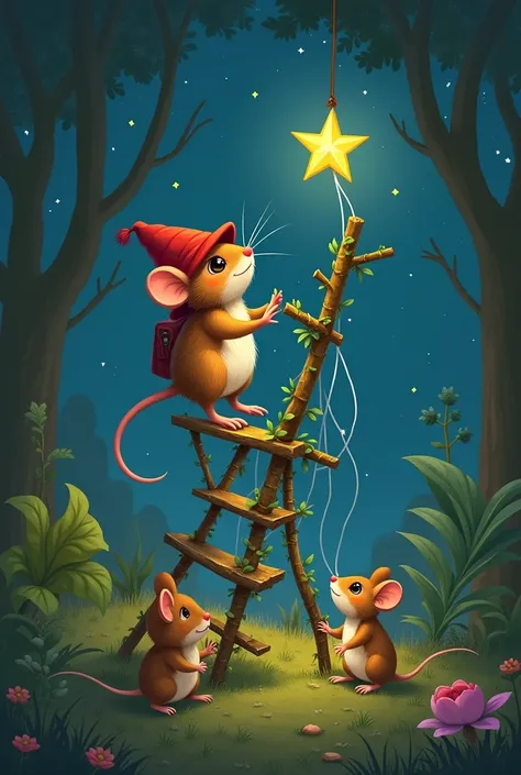  A little mouse in a red hat with the help of his friends in the forest to build a ladder with branches, leaves and cobwebs for the little mouse to leave the star in the sky 