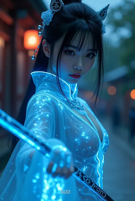 Japanese girl, 18 years old, detailed, masterpiece, beauty, glowing blue transparent iron suit, focus between the legs, small breasts, long hair, eye makeup, in a shinto temple at night. Holding a katana. Magic runes engraved on the katana. Form fitting fu...