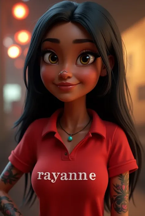 Cartoon characters of a young woman DARK BROWN SKIN LEFT ARM ALL TATTOOED, STRAIGHT, long black HAIR, WITH NOSE EARRING AND A RED POLO SHIRT with text that says "Rayanne", animation style rendering, stylized 3D, rendering Arnold Maya, Stylized 3D Render, ,...