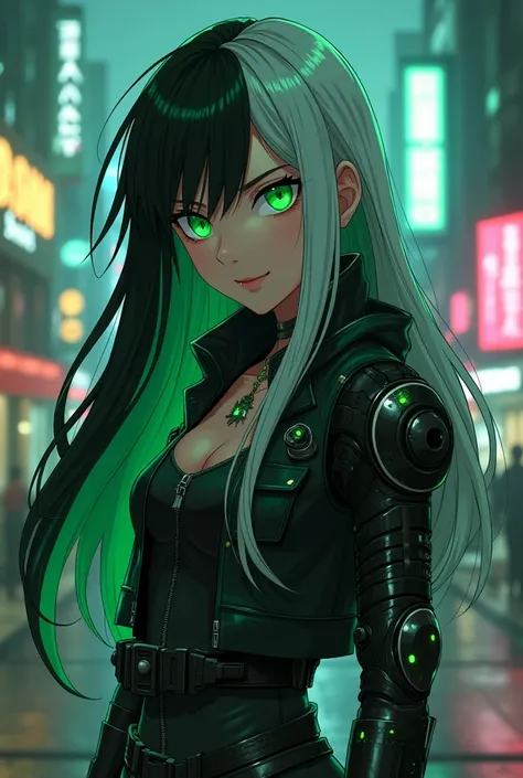 My hero academia anime art style, girl,  half black and half white long hair, emerald green eyes, cyberpunk, black and green outfit, hacker, prosthetic left arm