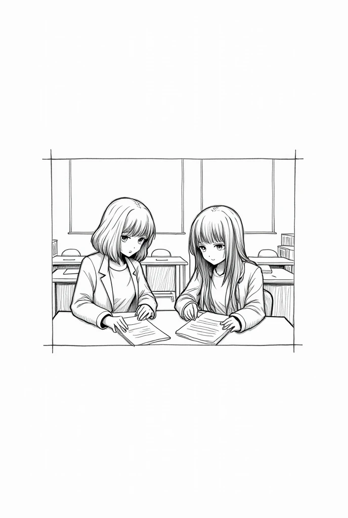 (drawing sketch) Two girls sitting in classroom, theyre taking exam, theres a paper on thei table, one girl is short haired with bangs and the other girl is long haired