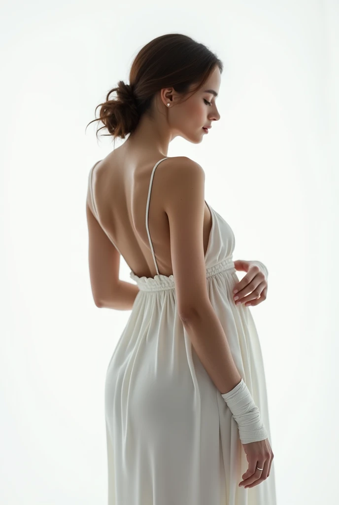 a woman with a half voluptuous back in a white dress and bandages on her wrists ( on a white background ) 