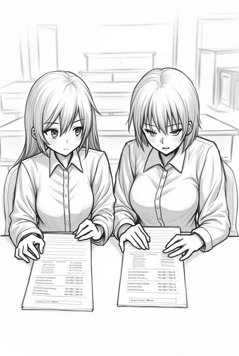 (sketch) Two girls sitting in classroom, theyre taking exam, theres a paper on their table, one girl is short haired with bangs and the other girl is long haired