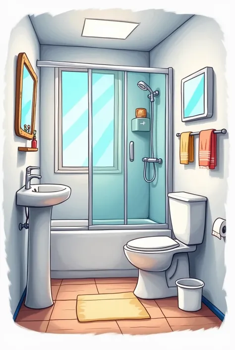 Draw a 3D cartoon image of a bathroom which contains only one quantity of following items: 1- Shower 2- Soap 3- Shampoo 4- Tap 5- Washbasin 6- Towel 7- Commode 8- Water Bucket 9- Toilet Paper 10- Comb 11- Toothpaste 12- Toothbrush 13- Mirror 14- Washing Ma...