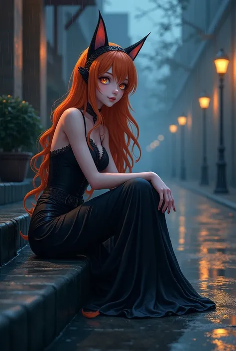 "8K anime-style quality, elf, animal ears, cat ears, glasses,graceful and confident female character aged 25+, digital painting mode, long flowing orange hair with gentle waves, soft glowing orange eyes, dressed in a form-fitting, elegant gothic black dres...