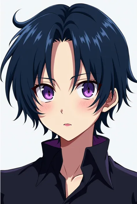 Male character has violet eyes, Her hair is Navy blue split in half. ,version anime , 