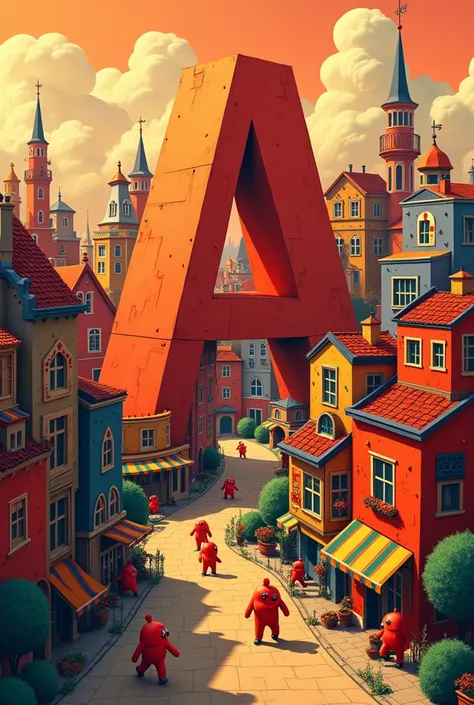 City of letters A, where the people are letters A and the houses look like the letter A and the colors are vibrant
