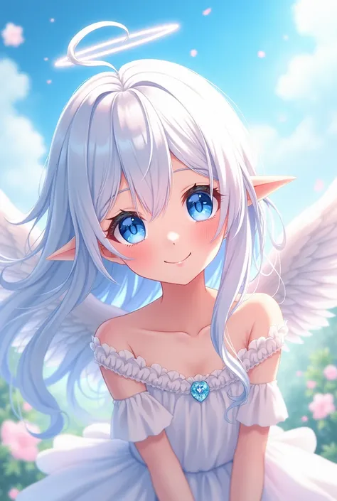 Innocent  with white hair with blue eyes smiling anime