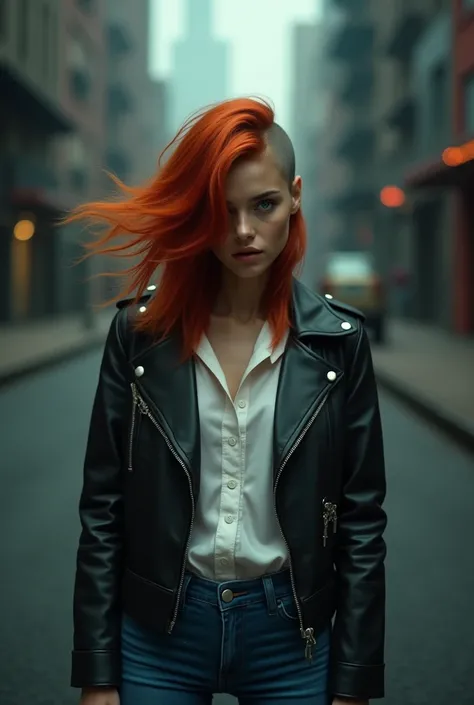  A beautiful red-haired girl ,  all her hair brushed to the right side hiding part of her face, The left side of the shaved head,  green eyes,  Full body photo ,  in the middle of a dark city street ,  jeans , camisa blanca,  leather jacket