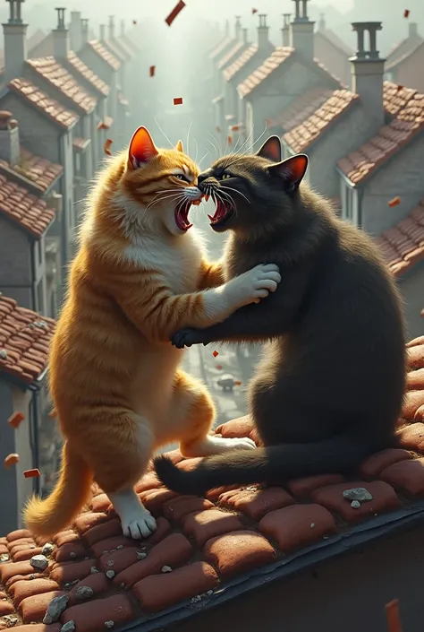 Cats fighting on the roofs of houses 