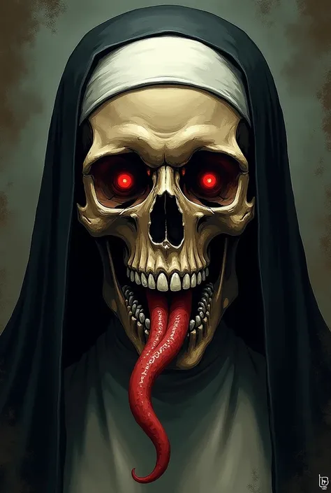 Nun skull, red eyes, reptilian tongue, drawn