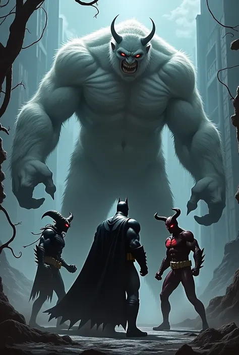 Create Batman fighting the devil and a yeti 