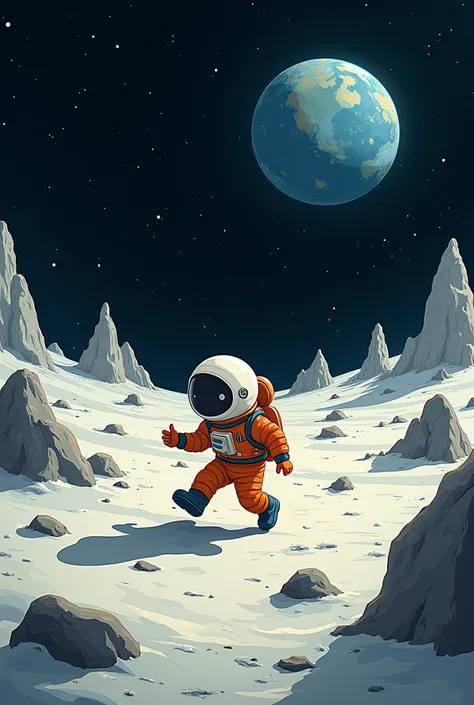 Personal cartoon short story is walking backwards on the moon towards adventure