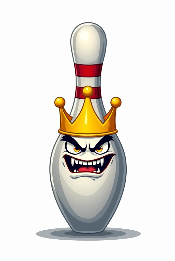 White gamer logo of an angry cartoon bowling pin with yellow crown for stream 