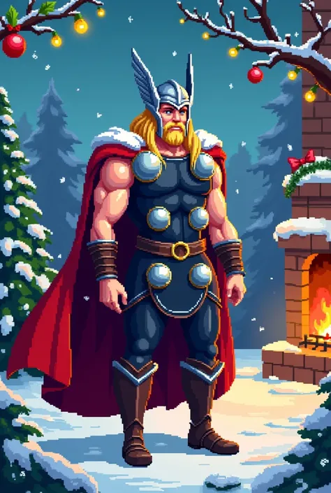 Fait une image en gros pixel art de thor style fete de noel