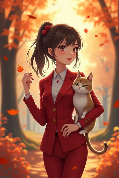 Beautiful anime girl in classic red suit, cat next to her, rich colors, natural lighting, beautiful detail, high resolution, high definition, autumn, autumn leaves, anime rendering

✨ 