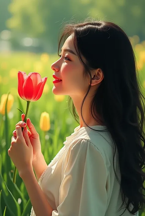  A young woman with long black hair holding a tulip .  A composition where the side is slightly visible without looking in front. The woman is smelling the scent of flowers . warm smile.  must be bright, cheerful, and mature.