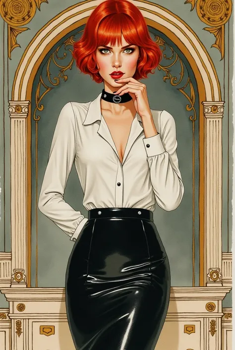 An art nouveau style watercolor image of a slender redhead woman with short hair. Wearing a shiny tight white latex blouse and a shiny black latex pencil skirt. Black dog collar. Looking at the viewer. Touching her lips. Druillet style. Enki Bilal. Mesmeri...