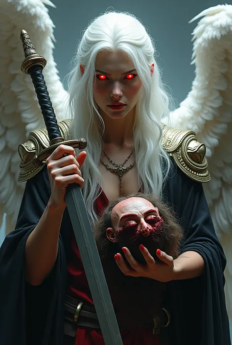  Lucifer with beautiful white hair ,  an immaculate snow-white face with Nordic features,  his scarlet eyes with a deep shine .  On one of his hands the bleeding head of Jesus , and on the other a beautiful sword .