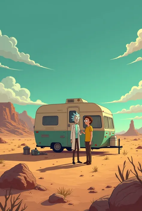 Peut tu crée une image 4K fond d’écran pour téléphone  de Rick et morty à la breaking bad ? Quand il sont assis dans le désert devant leur caravane 