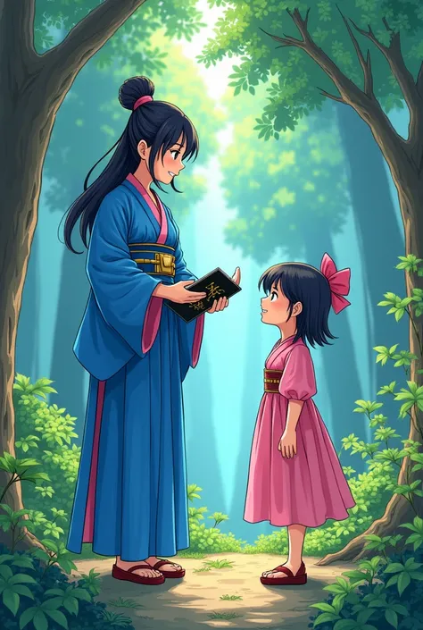 Create a 4k manga of Ashira ,  a twenty-year-old woman with a smile on her happy face and a black book in her hands , Blue samurai outfit together with a twelve-year-old pink dress are talking in the forest of echoes, a beautiful and magical place .