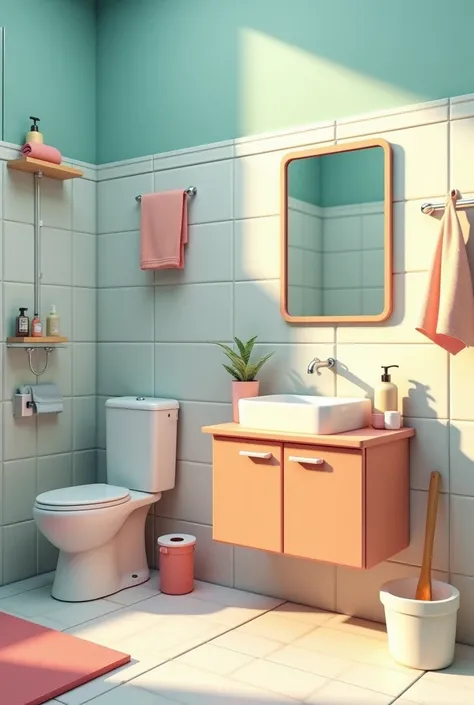 Create a highly detailed 3D cartoon-style landscape image of a bathroom. The scene should include the following items, each in one quantity and clearly distinguishable: a modern shower in one corner, a soap bar on a dish near the washbasin, a bottle of sha...