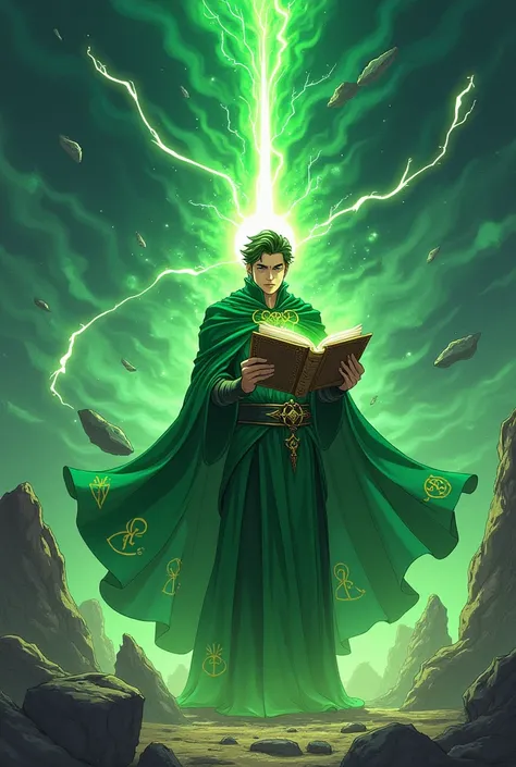 Create  a Mage in a green outfits with floating stones around him and holding a book summoning a meteor and make it have an anime look