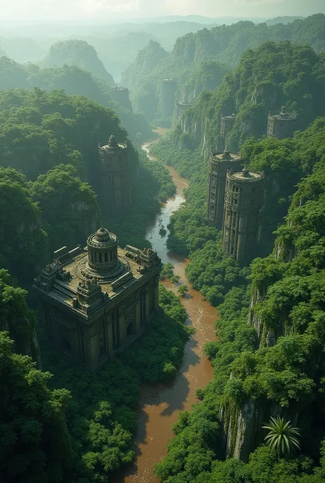 Create 5 very realistic images of the city of Alakor lost in the Amazon seen by helicopter 