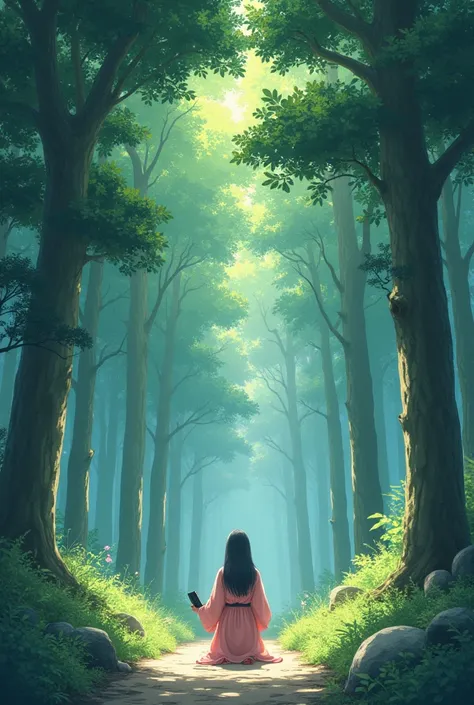 Create a 4k manga of Ashira ,  a twenty-year-old woman with a smile on her happy face and a black book in her hands ,  along with one in a pink dress ,  are leaving for the forest of echoes , a beautiful and magical place .  At the end of the forest she se...