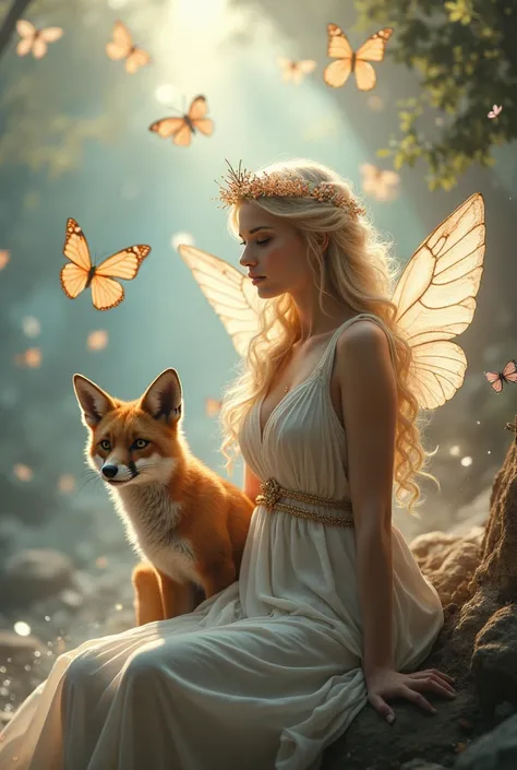  Can you make a cell phone wallpaper image of the archetypes Aphrodite, fox, Lots of butterflies and angels on top