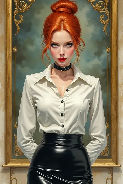 An art nouveau style watercolor image of a slender redhead woman with a bun. Wearing a shiny tight white latex blouse buttoned up and a shiny black latex pencil skirt. Black dog collar. Looking at the viewer. Hands behind her back. Druillet style. Enki Bil...